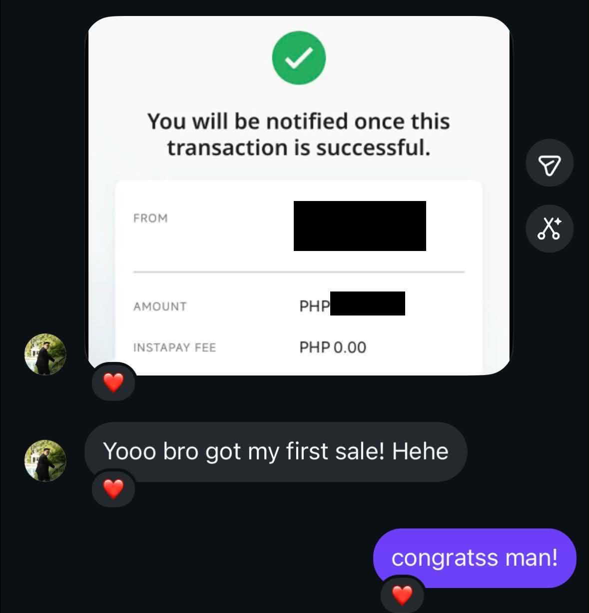 Student Messenger chat — first sale, InstaPay transfer confirmation