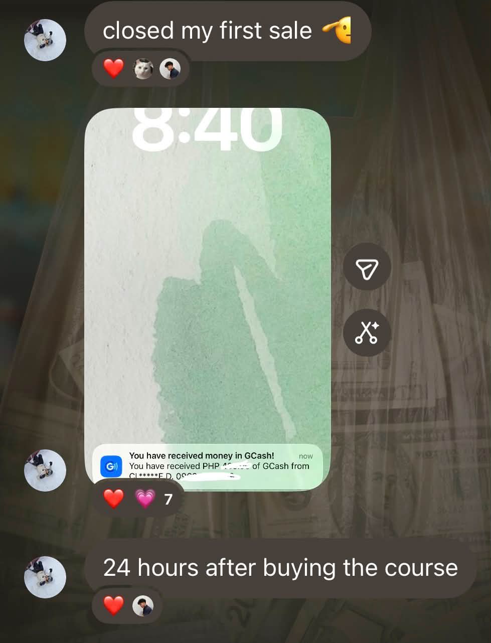 Student Instagram story — first sale 24 hours after buying the course, GCash notification