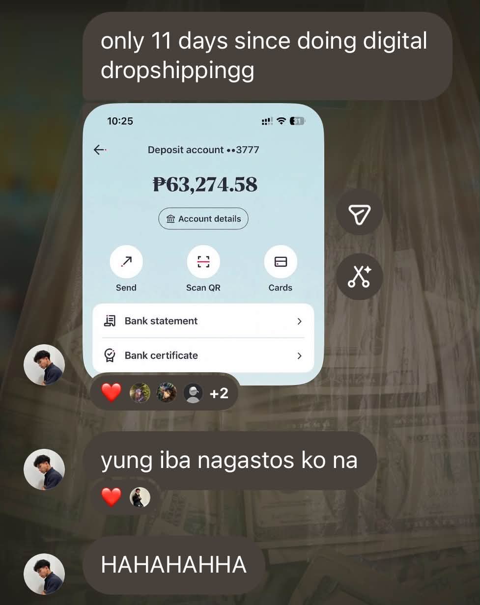 Student bank balance — ₱63,274.58 after 11 days of digital dropshipping