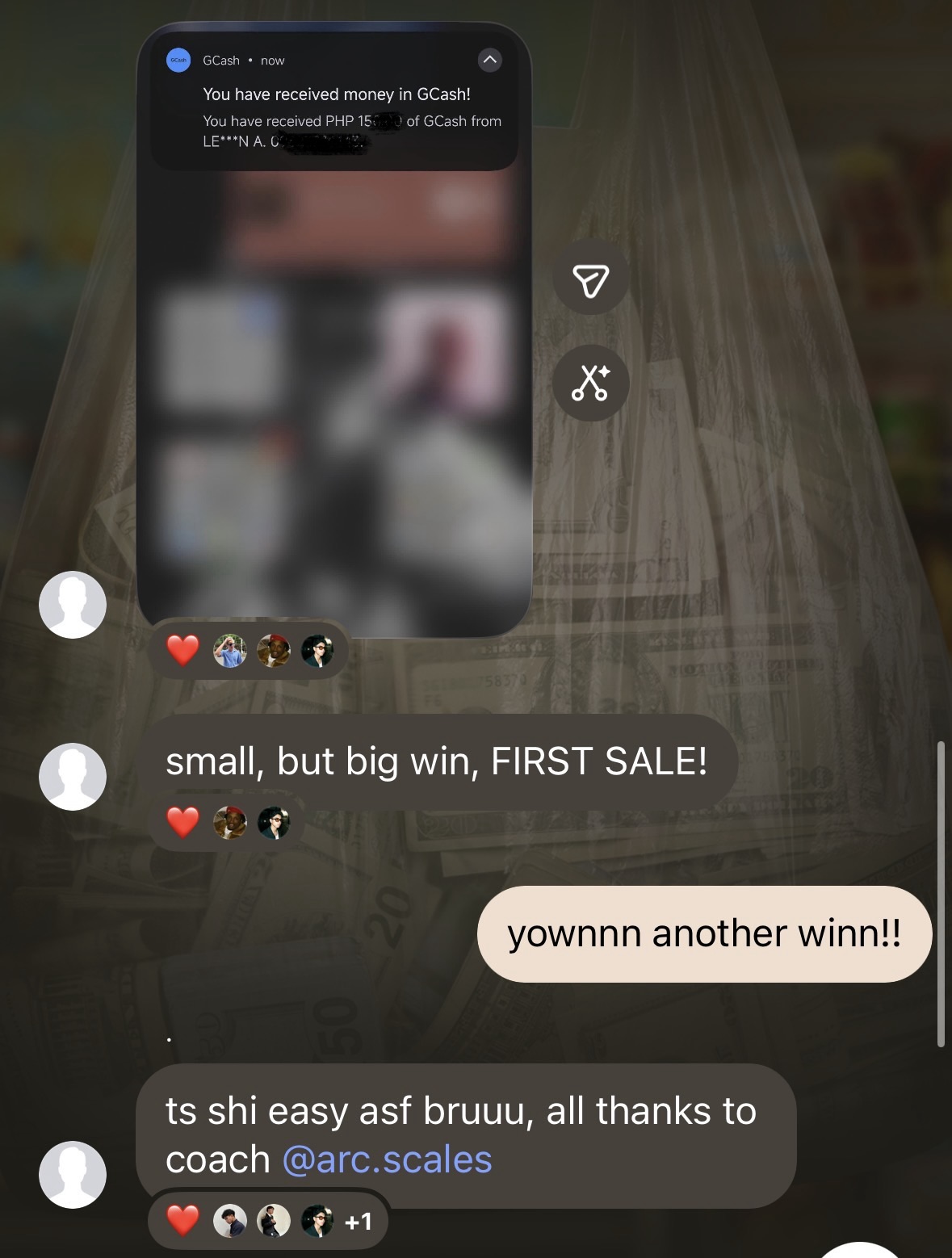 Student group chat — first sale, GCash notification