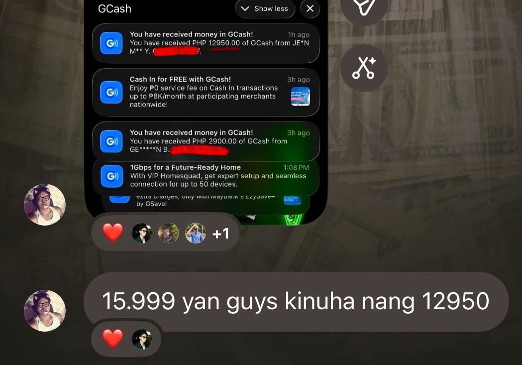 Student GCash notifications — ₱12,950 and ₱2,900 received within hours of each other
